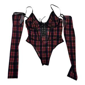 Plaid Rave Whimsygoth Sheer Bodysuit with sleeves Vamp Vampire Goth Parade L